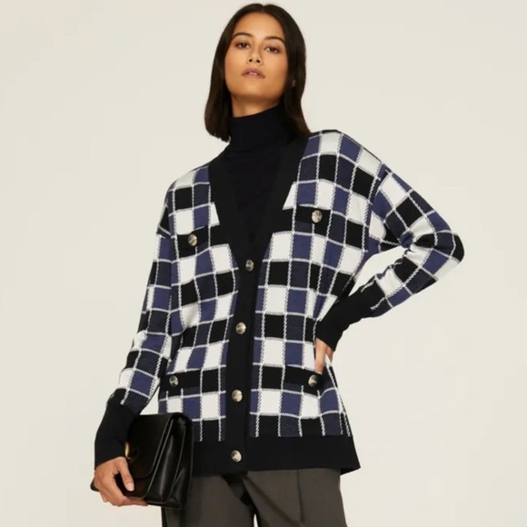BOSS Fiabetta Tile Print Cardigan Black Plaid Knit - Picture 1 of 5